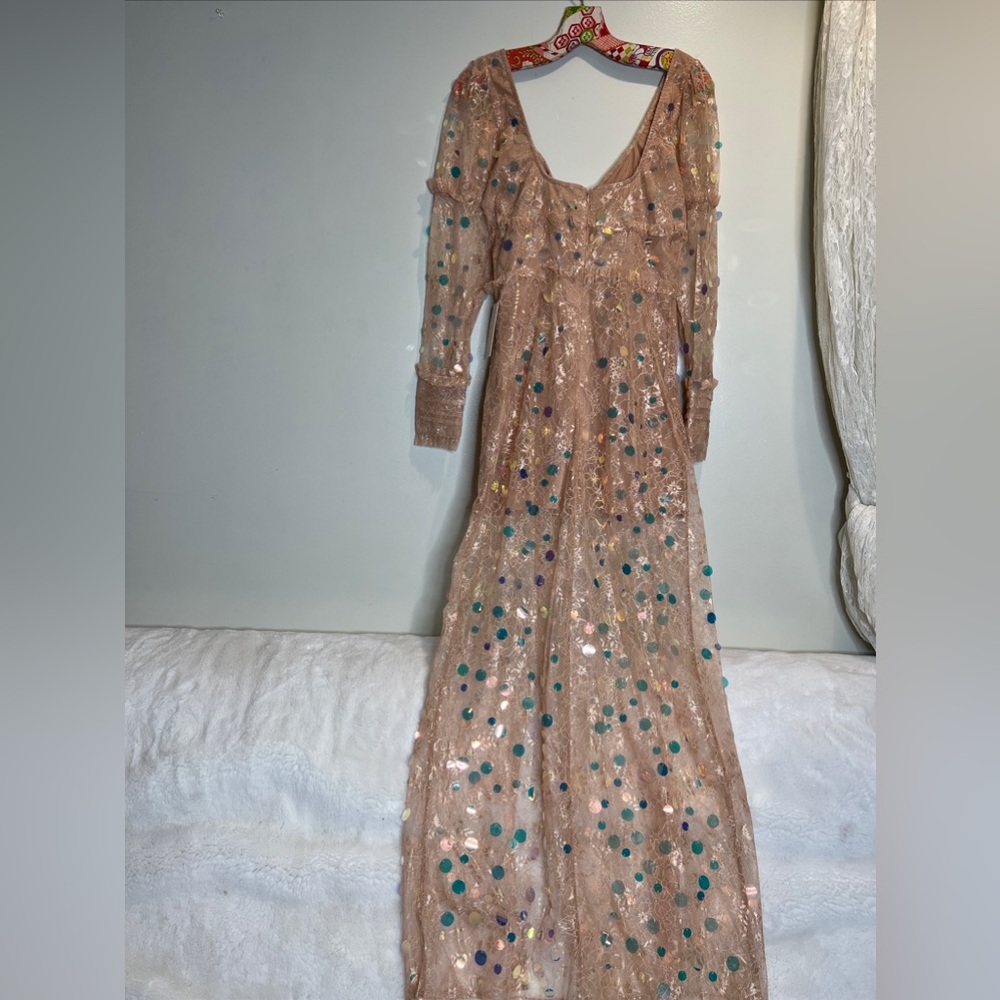 For Love & Lemons Ace Sequin Lace Nude Long Sleeve Slit Maxi Dress Gown - Picture 11 of 11